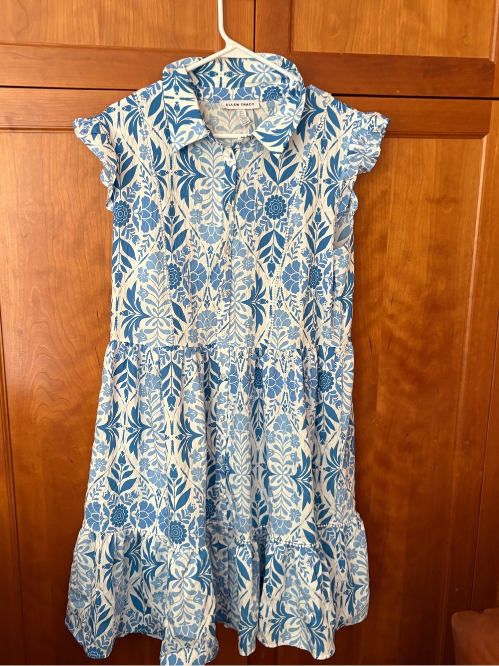 Ellen Tracy Blue and White Floral Button-Front Dress